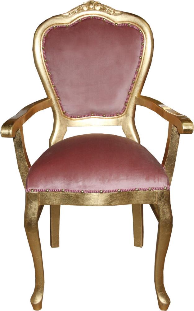 Casa Padrino Barock Luxus Esszimmer Stuhl mit Armlehnen Rosa/Gold - Limited Edition Bild 1