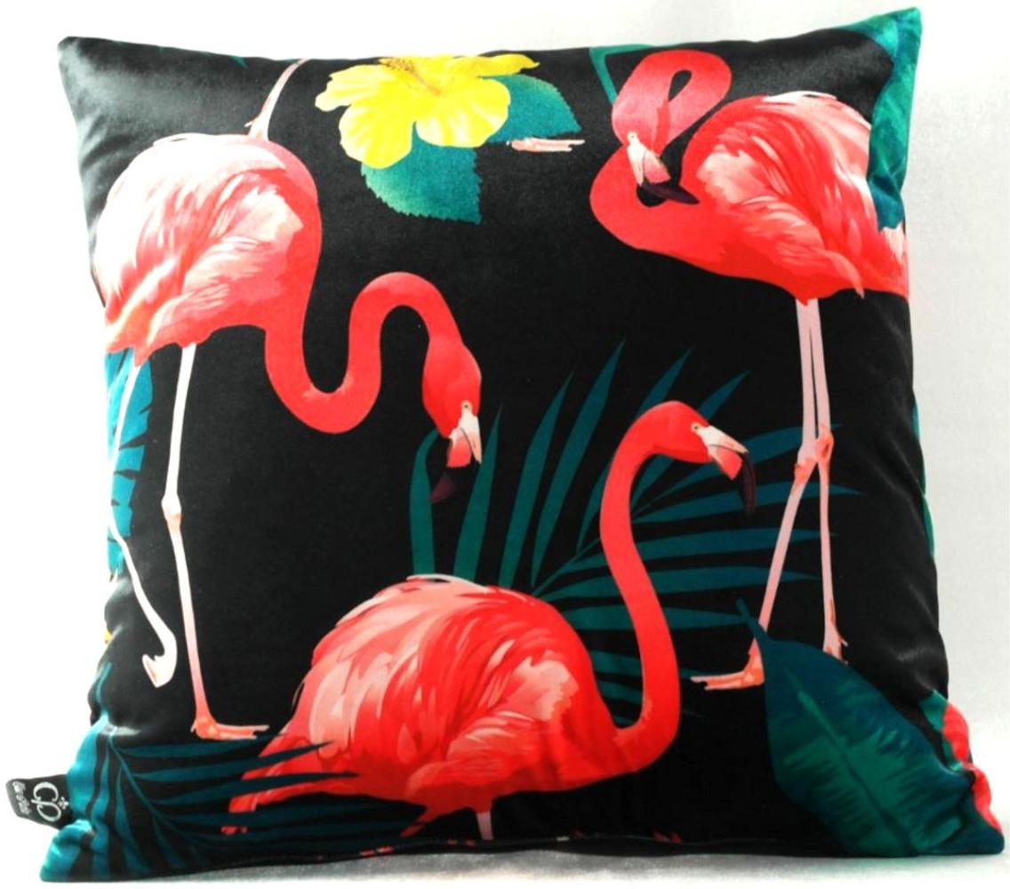 Casa Padrino Luxus Kissen Malibu Flamingos Schwarz / Mehrfarbig 45 x 45 cm - Feinster Samtstoff - Deko Wohnzimmer Kissen Bild 1