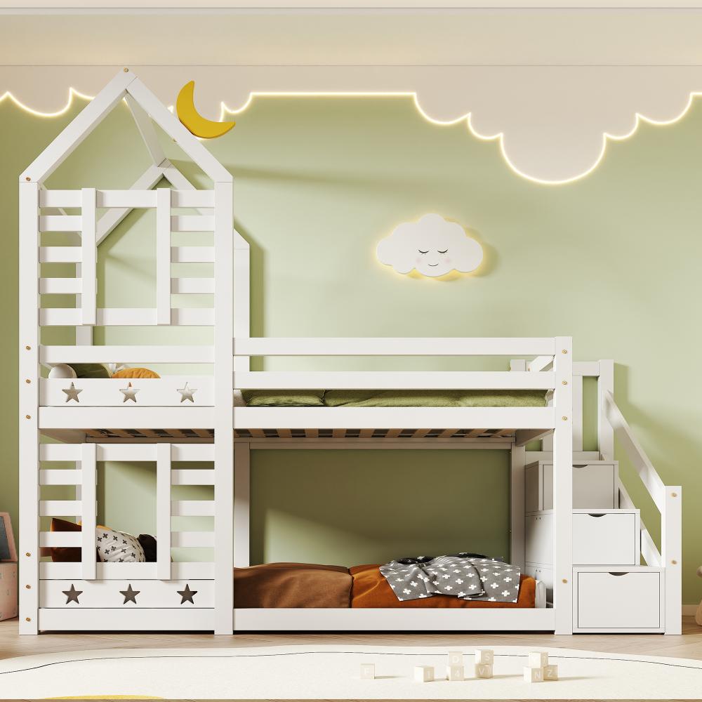 Merax Kinderbett Baumhaus mit Schublade und Rausfallschutz 90 x 200 cm, Hochbett für Kinder– 2x Lattenrost- Weiß Bild 1