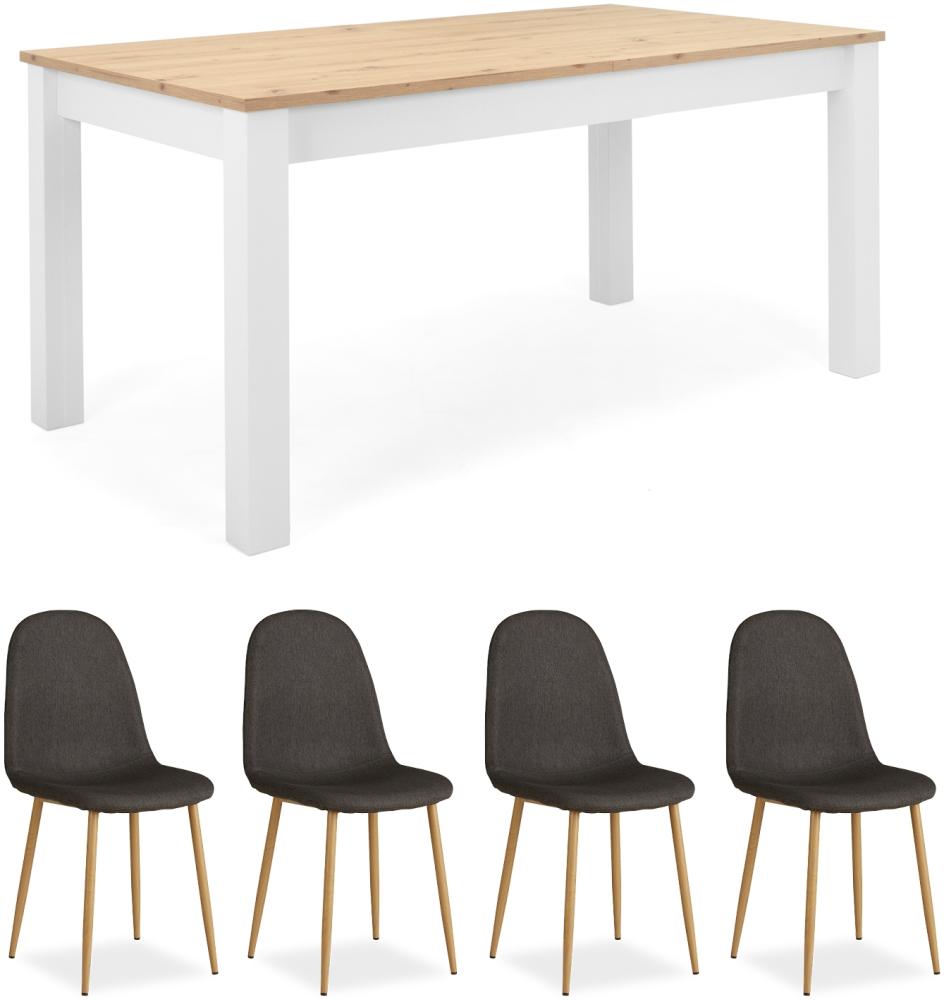 Essgruppe mit 4 Stühlen, Esstisch ausziehbar, Esszimmertisch, Holztisch, Polsterstühle, Anthrazit/Weiß, Bild 1