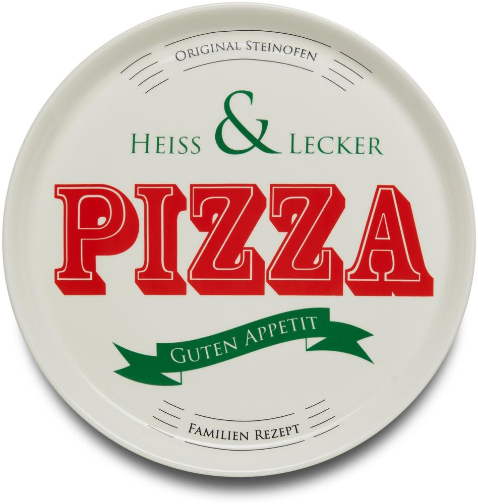 KHG Pizzateller, extra groß mit 30cm Durchmesser in Heiss & Lecker Print, perfekt für Gastro und Zuhause, hochwertiges Porzellan, Spühlmaschinengeeignet & perfekt Stapelbar Bild 1