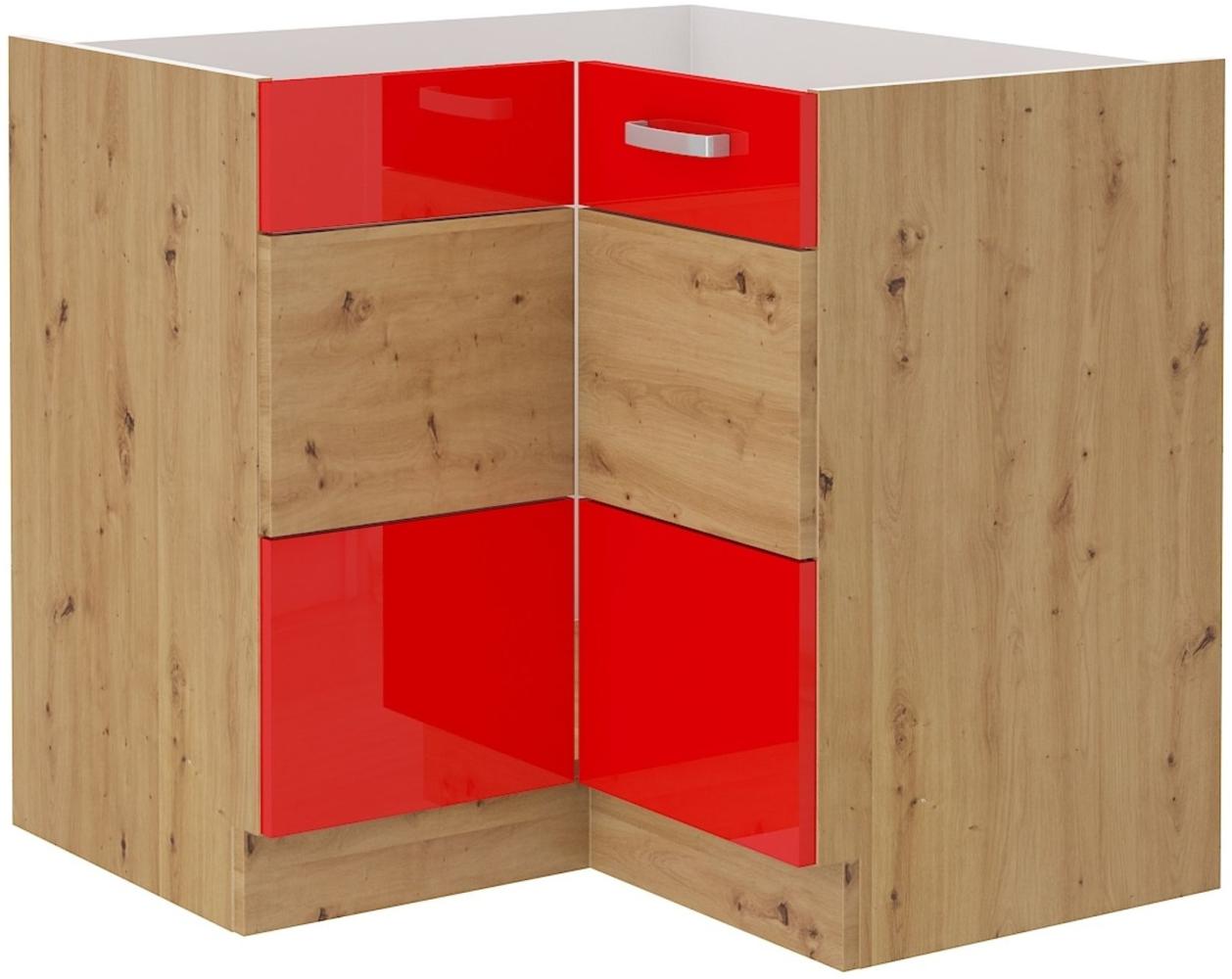 Eckunterschrank 89x89 cm Eiche Artisan + Rot Hochglanz Küchenzeile Küchenblock Bild 1