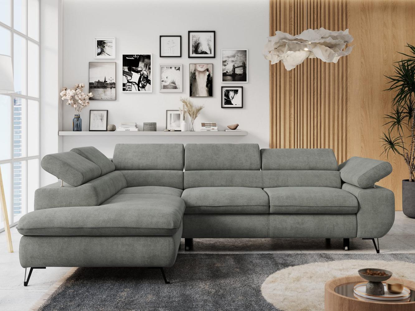 Ecksofa mit Bettfunktion, Modern Sofa, L-form, Einstellbare Kopfstützen, Bettkasten - PETER - Grau Stoff - Topper T25 - links Bild 1