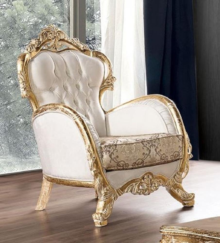 Casa Padrino Luxus Barock Wohnzimmer Sessel Weiß / Mehrfarbig / Antik Gold - Prunkvoller Sessel mit elegantem Muster - Handgefertigte Barock Wohnzimmer Möbel Bild 1