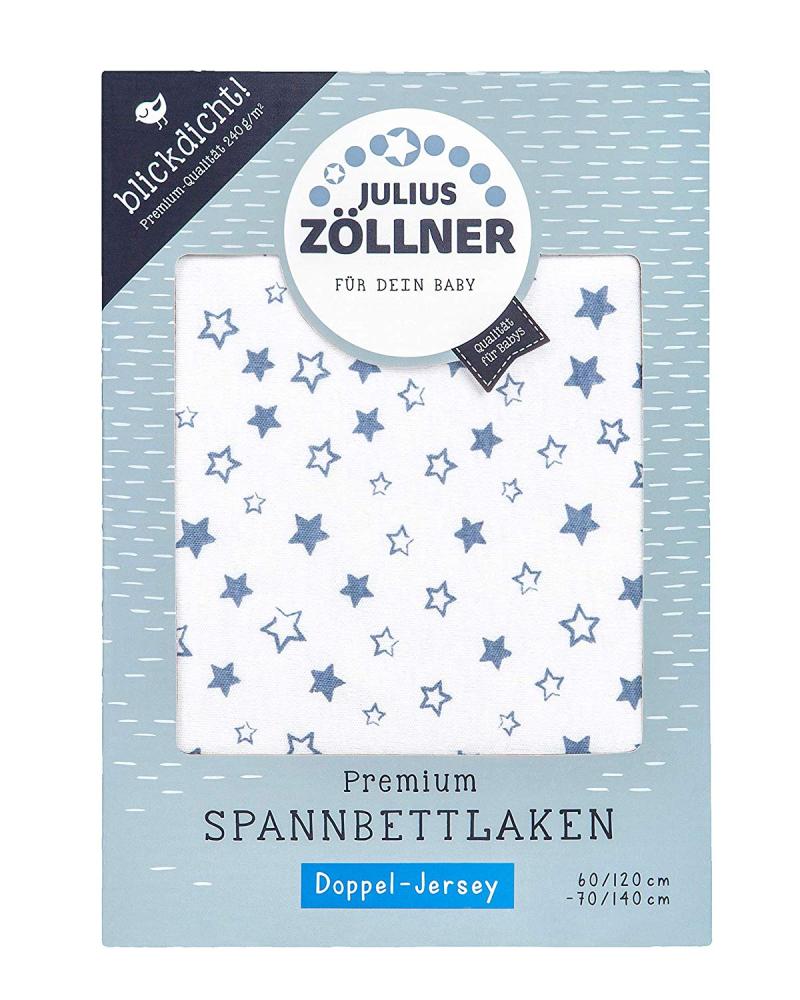 Julius Zöllner 8357158004 Jersey Spanntuch Premium, blickdicht, aus Jersey Doppeltuch, passend für Kinderbetten 60x120 und 70x140 cm, stella blue Bild 1