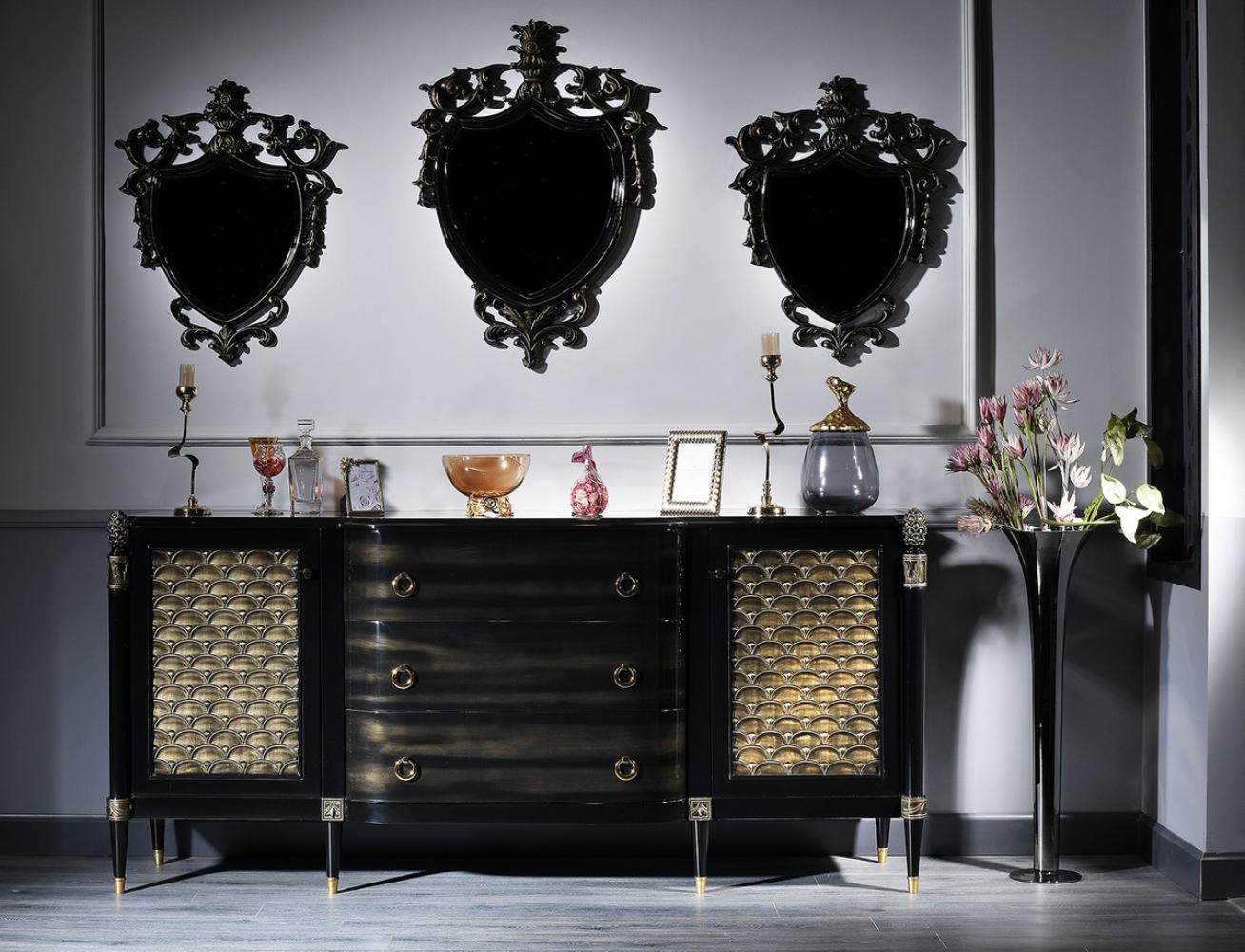 Casa Padrino Luxus Barock Wohnzimmer Set Schwarz / Gold - Kommode und 3 Wandspiegel - Barockmöbel Bild 1