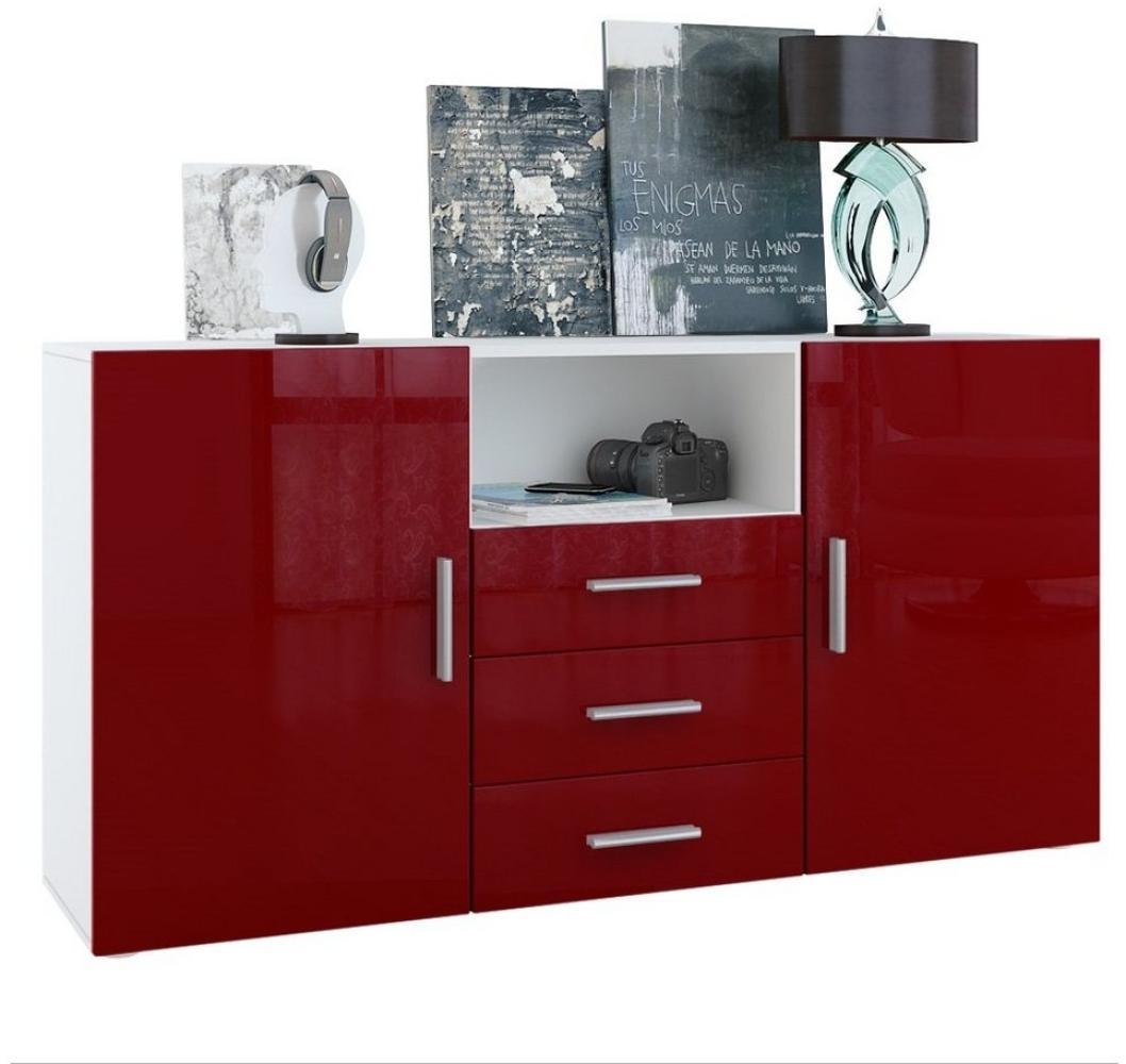 Vladon Sideboard Skadu, Kommode mit 2 Türen, 3 Schubladen und 1 offenem Fach, Weiß matt/Bordeaux Hochglanz (138,5 x 71,5 x 35 cm) Bild 1