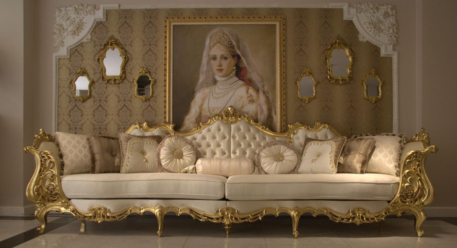 Casa Padrino Luxus Barock Wohnzimmer Sofa Creme / Gold 360 x 100 x H. 115 cm - Prunkvolles Sofa im Barockstil - Edle Barock Wohnzimmer Möbel Bild 1