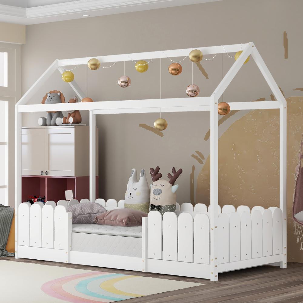 Merax Hausbett 90x200 cm - vielseitiges Holz Kinderbett für Jungen & Mädchen - Mit Rausfallschutz und Lattenrost – Weiß (Ohne Matratze) Bild 1
