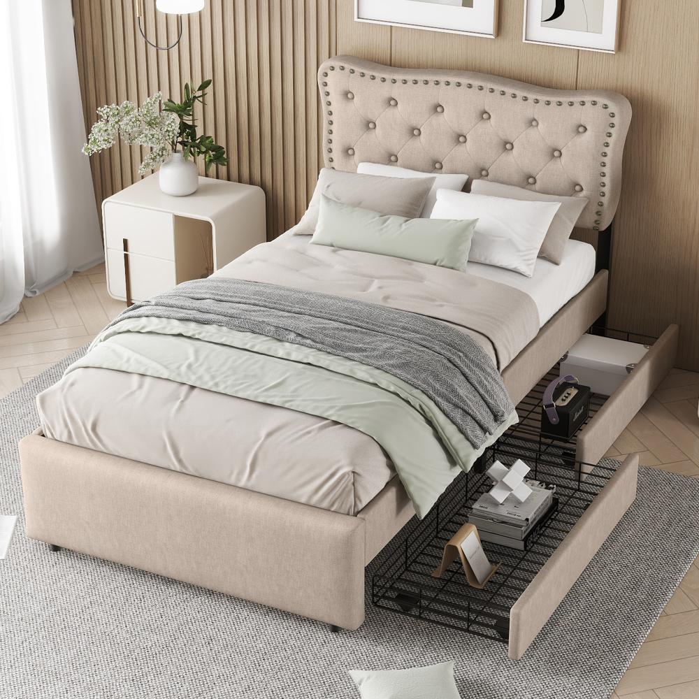 Merax 90*200 cm flaches Bett, gepolstertes Bett, Nachttischpolsterung mit dekorativen Nieten, doppelte Schubladen, dunkelbeige Bild 1