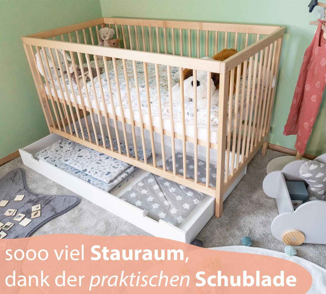 Babybett TONI 60x120 cm natur mit Rausfallschutz und Schublade Bild 1
