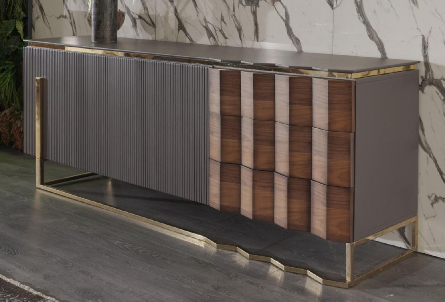 Casa Padrino Luxus Sideboard Grau / Braun / Gold 220 x 53 x H. 82 cm - Massivholz Schrank mit 2 Türen und 3 Schubladen - Esszimmer Möbel - Luxus Möbel - Luxus Kollektion Bild 1