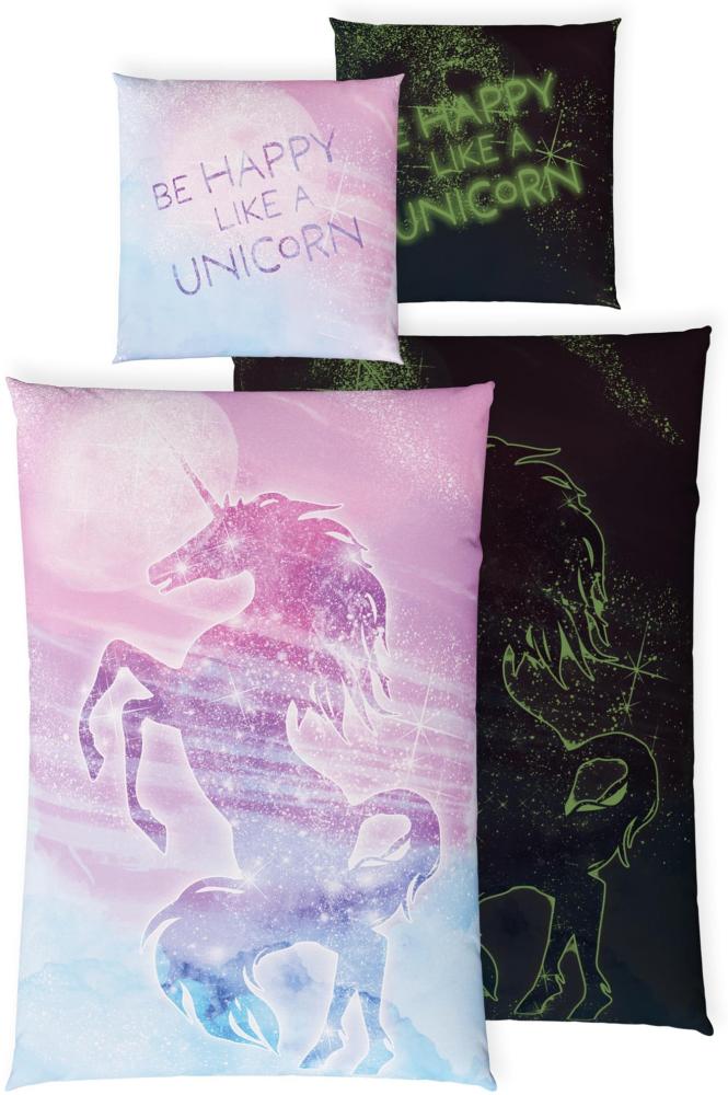 Kinderbettwäsche Leuchtende Bettwäsche 135x200 Unicorn Einhorn Bettzeug Mädchen Kinder, Carpe Sonno, Renforcé, 2 teilig, GLOW IN THE DARK Einhorn Bettwäsche Mädchen Bild 1