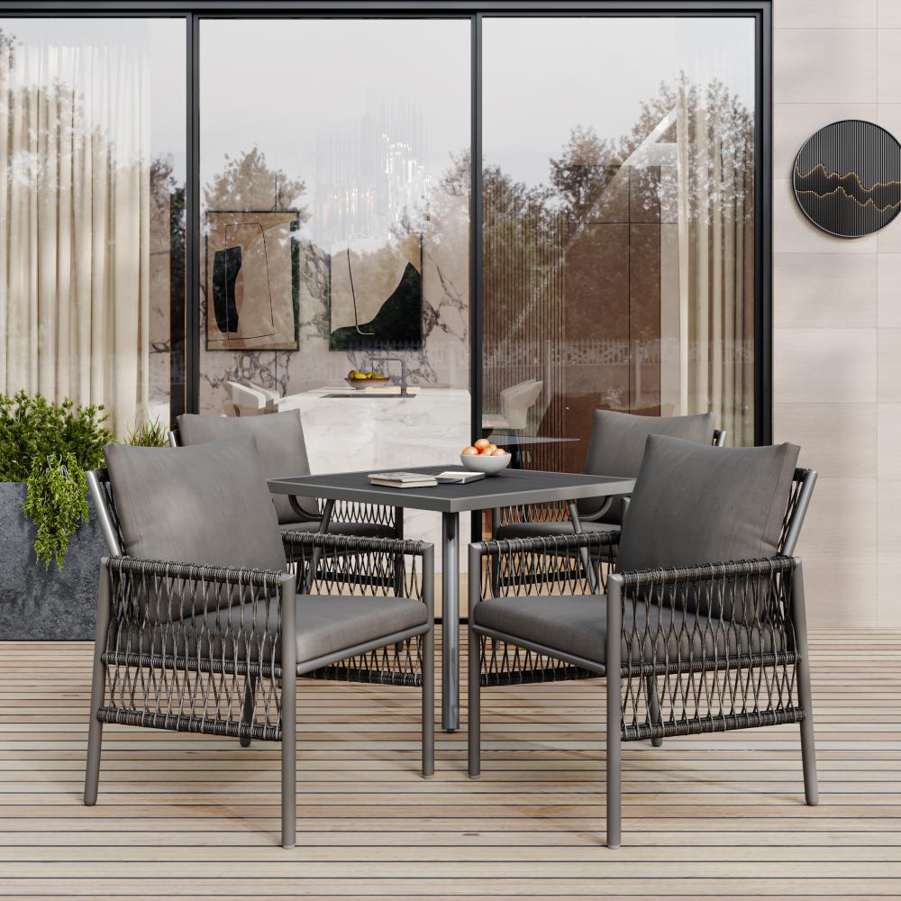 Merax Garten-Essgruppe, Gartenmöbel-Set (5-teiliges Esstisch-Set, 4 Sessel, 1 Tisch), PE-Rattan, mit verstellbaren Füßen, grau Bild 1