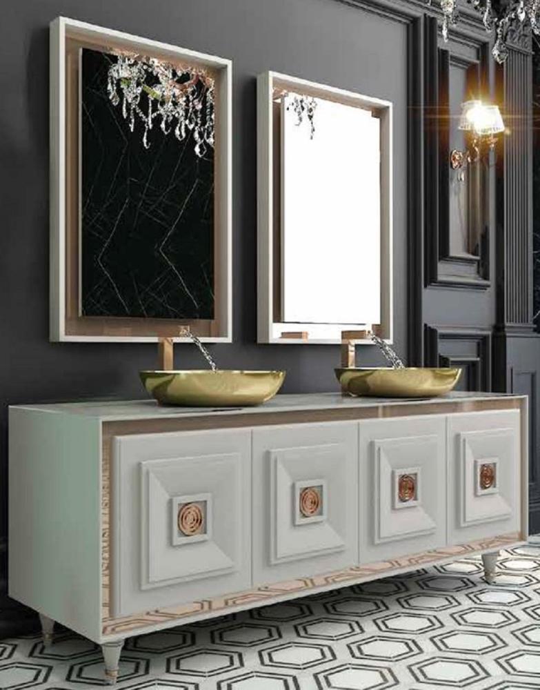 Casa Padrino Luxus Badezimmer Set Weiß / Bronze / Gold - 1 Waschtisch mit 4 Türen und 2 Waschbecken und 2 Wandspiegel - Luxus Badezimmermöbel Bild 1