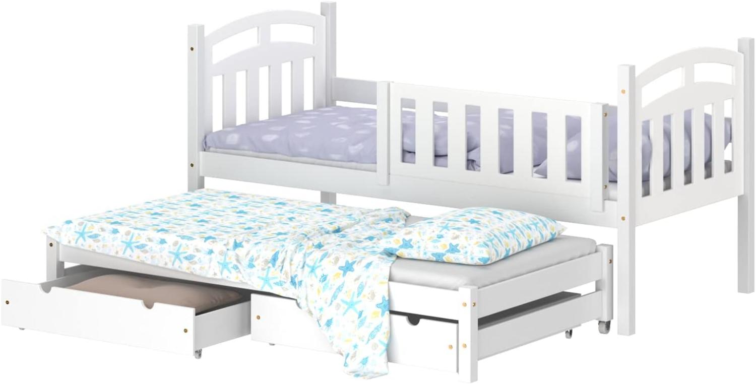 WNM Group Kinderbett Ausziehbar mit Rausfallschutz und Lattenrost Suzie - aus Massivholz - Ausziehbett für Mädchen und Jungen - Bett mit 2 Schubladen - Funktionsbett 190x80/180x80 cm - Weiß Bild 1
