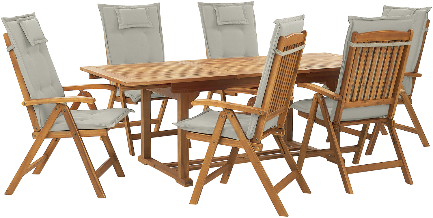 Gartenmöbel Set Akazienholz 6-Sitzer rechteckig Auflagen grau-beige JAVA Bild 1