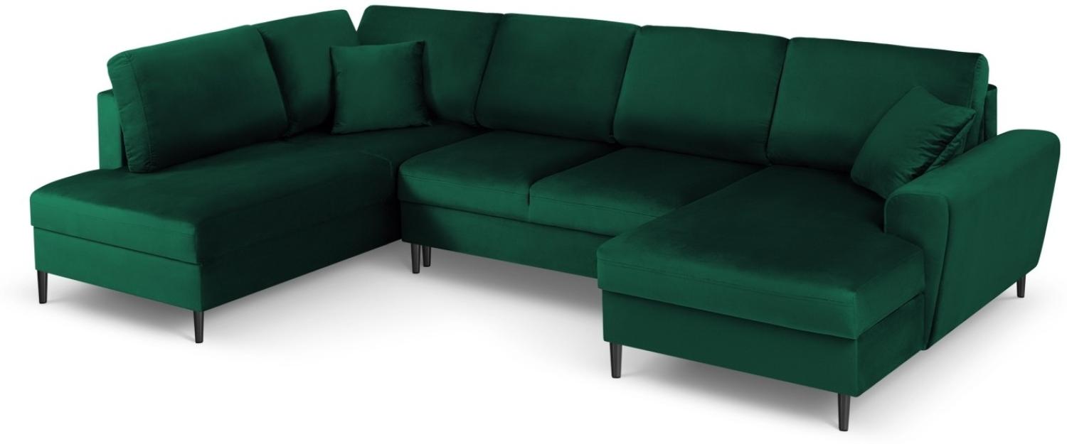Micadoni 7-Sitzer Samtstoff Panorama Sofa Links mit Box und Schlaffunktion Moghan | Bezug Bottle Green | Beinfarbe Black. Bild 1