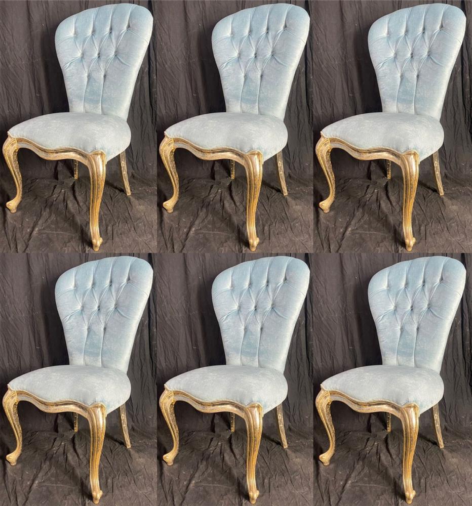 Casa Padrino Luxus Barock Esszimmer Stuhl Set Hellblau / Antik Gold mit silberner Patina - Handgefertigtes Küchen Stühle 6er Set - Antik Stil Möbel - Barockstil Esszimmer Möbel - Barock Möbel Bild 1