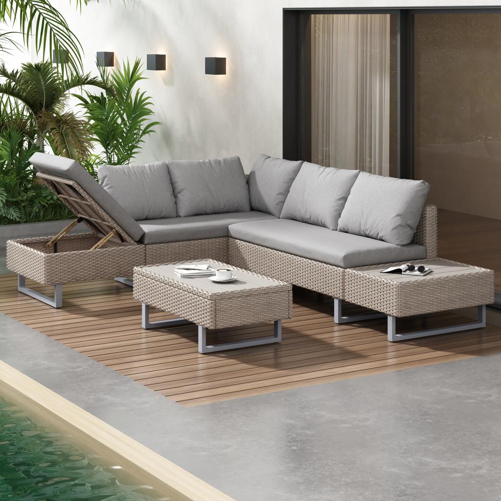 Merax Modulares, bewegliches Sofa, bietet Platz für 4–5 Personen, inklusive Liegefunktion, UV-beständiges PE-Rattan, Couchtisch, Khaki Bild 1
