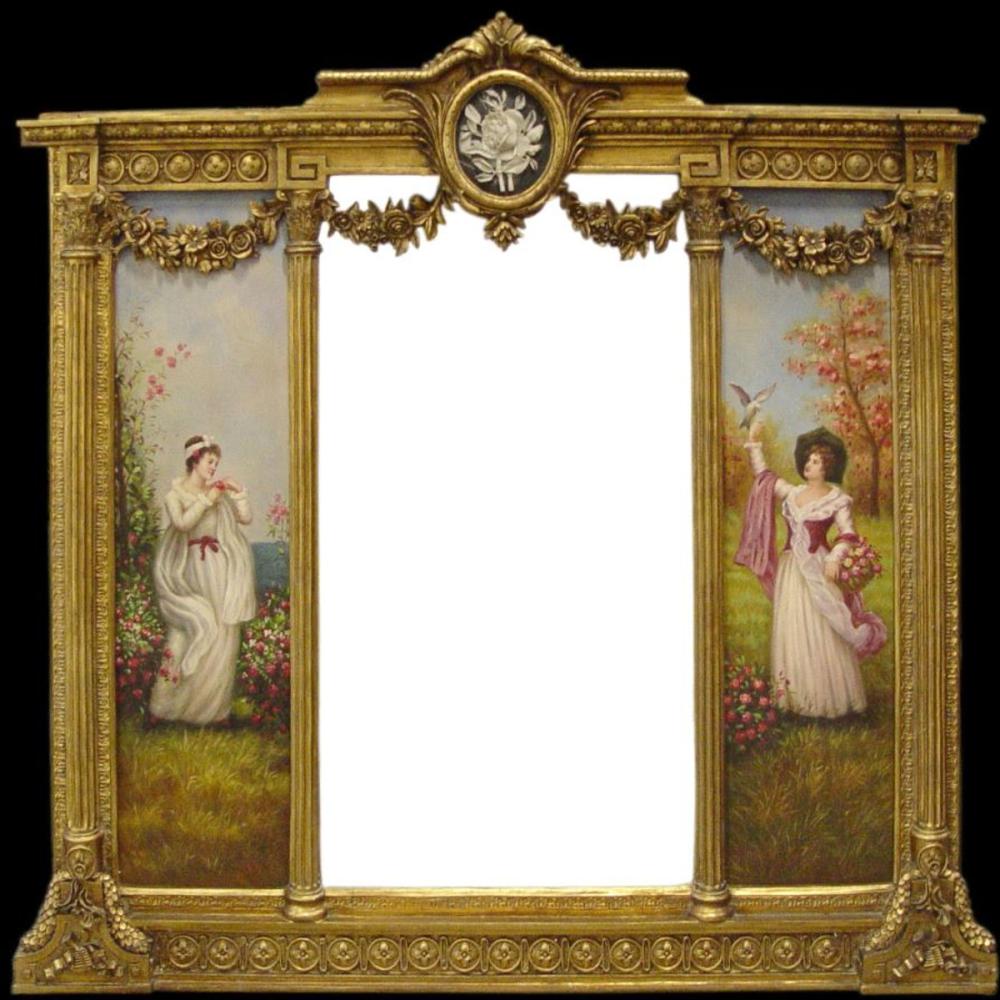 Casa Padrino Luxus Barock Wandspiegel Gold 152,5 cm x 146,4 cm - Goldener Spiegel mit Blumen Ornamenten - Rechts und Links mit Barock Gemälden Spiegel Bild 1