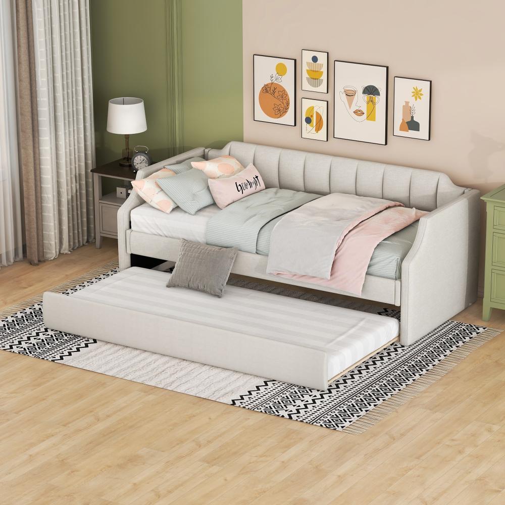 Merax 90 x 200(190) DAY-Betten, Gepolstertes Einzeltagesbett mit Rollbett, Beige Bild 1