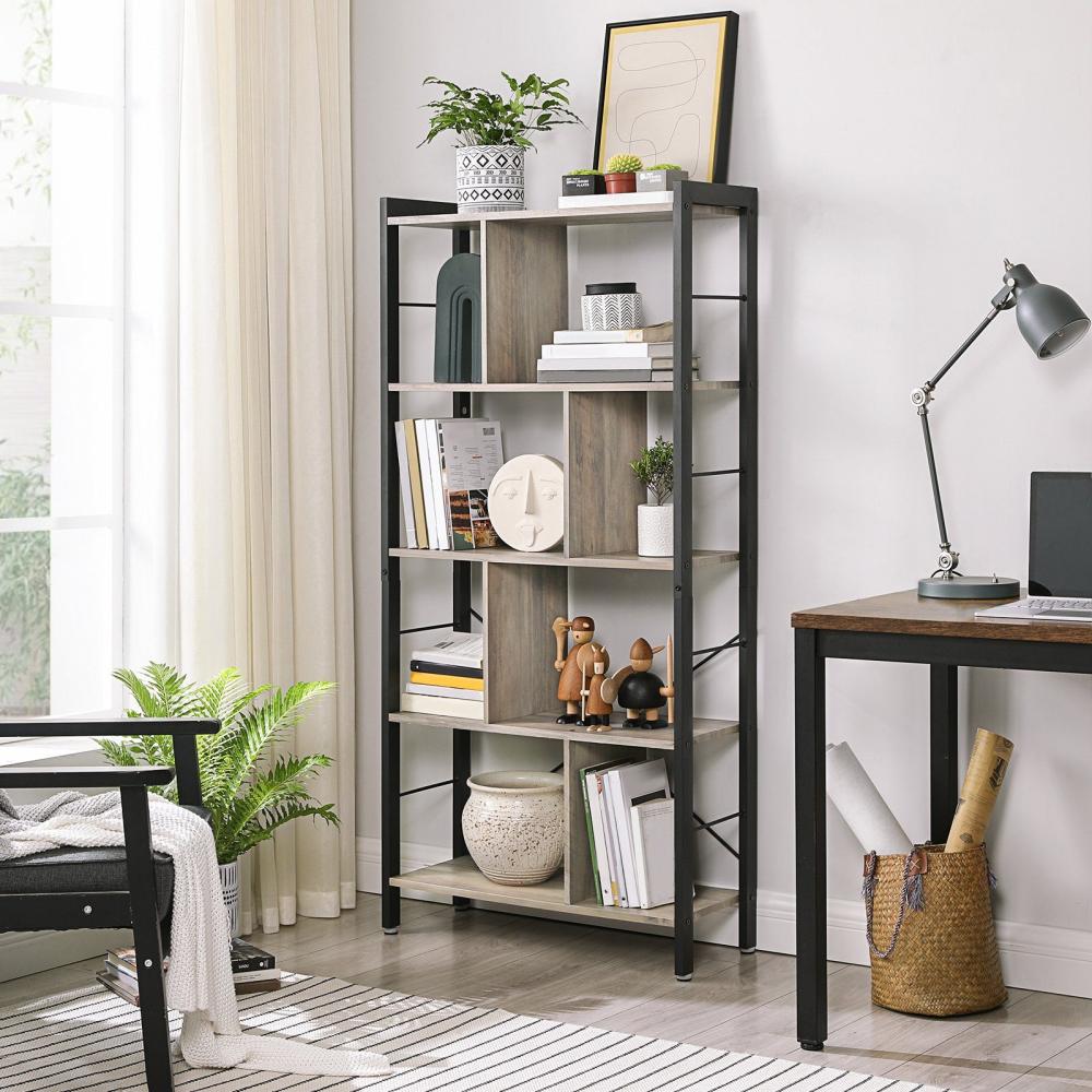 VASAGLE Bücherregal, Büroregal, Raumteiler mit 4 Ebenen, Standregal im Industrie-Design, Wohnzimmer, Büro, Arbeitszimmer, viel Stauplatz, groß, stabil, einfacher Aufbau, Greige-schwarz von SONGMICS LBC012B02 Bild 1