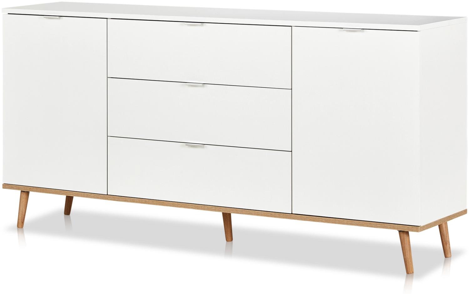 KHG Sideboard 2-türig mit Einlegeboden 3 Schubladen Scandi, Kommode aus Holzwerkstoff weiß foliert für Wohnzimmer und Esszimmer, 180 x 87 x 40 cm (B/H/T) Bild 1