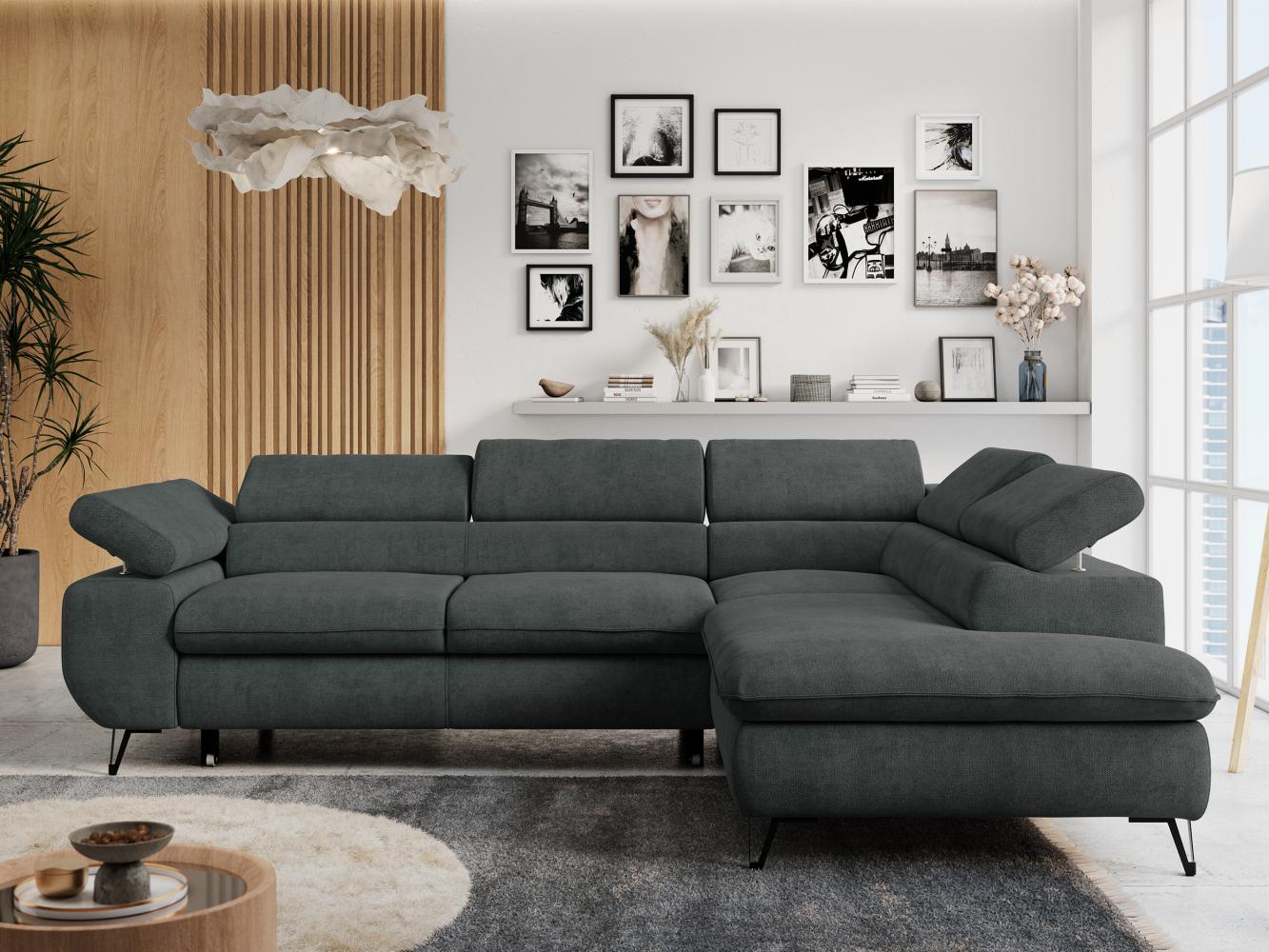 Ecksofa mit Bettfunktion, Modern Sofa, L-form, Einstellbare Kopfstützen, Bettkasten - PETER - Dunkelgrau Stoff - rechts Bild 1