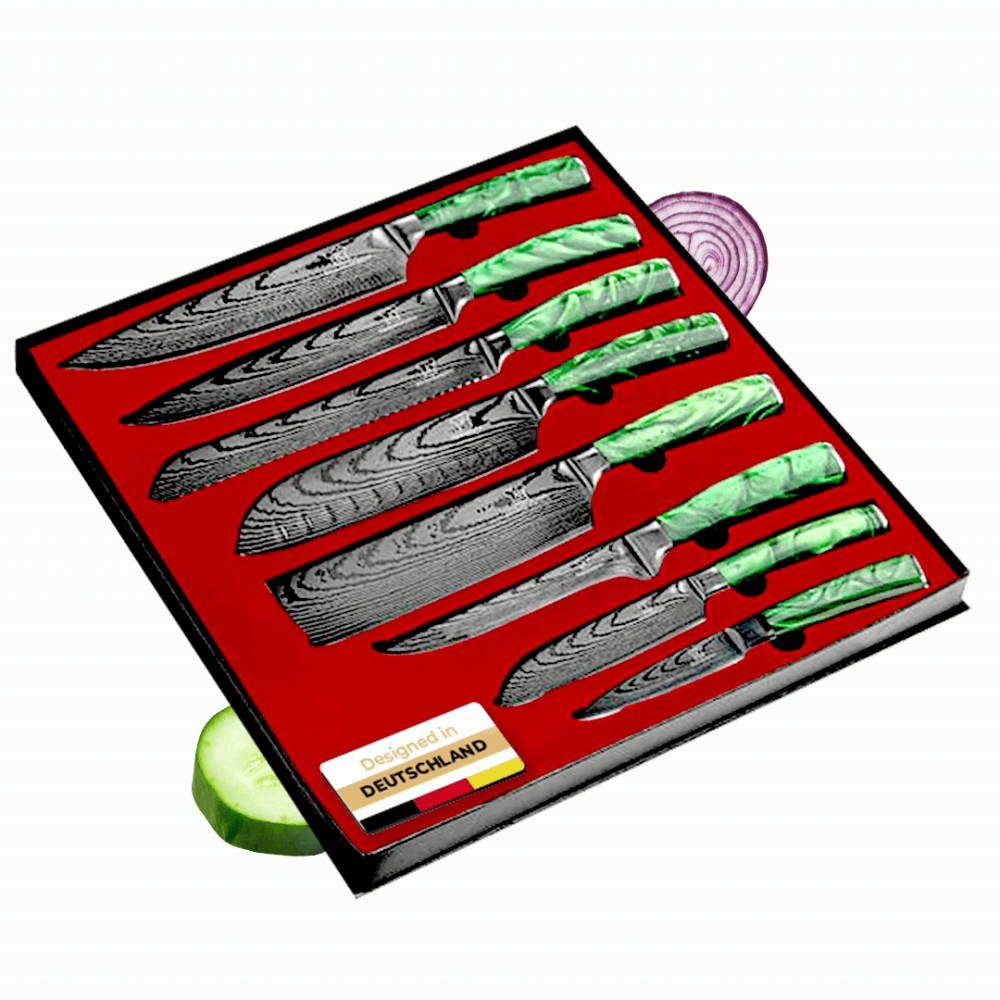 Asiatisches Edelstahl Messerset Midori - 8-teiliges Küchenmesser Set - Kochmesser im Damast Design mit Epoxidharz Griff inkl. Geschenkbox - rostfrei & scharf - Designed in Germany Bild 1