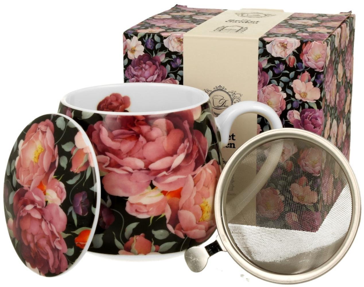 DUO FLORAL Fassbecher 430 ml SPRING ROSES BLACK mit Teesieb, New Bone China Porzellan Bild 1