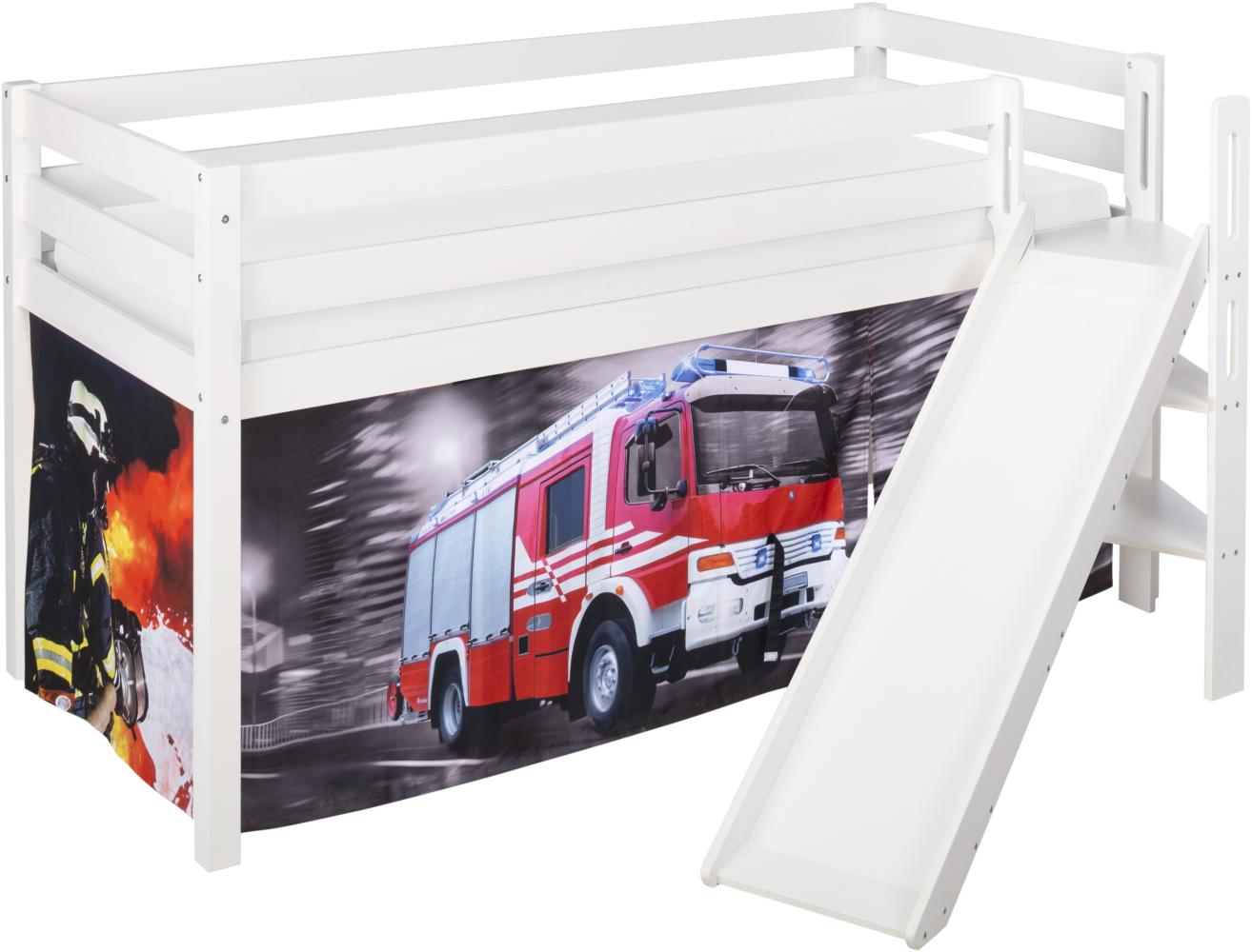 Lilokids 'Jelle' Spielbett 90 x 190 cm, Feuerwehr, Kiefer massiv, mit schräger Rutsche und Vorhang Bild 1