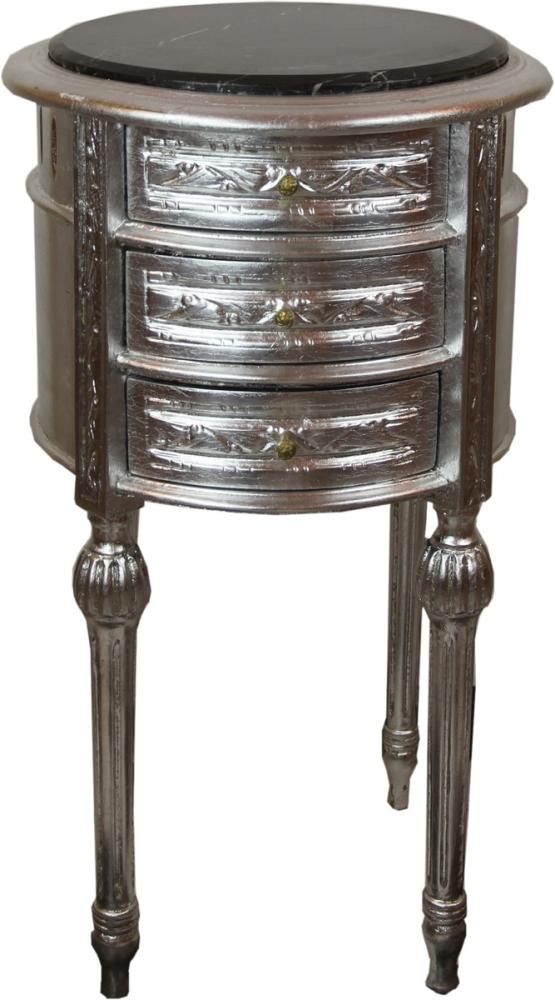 Casa Padrino Barock Beistelltisch mit Marmorplatte Silber / Schwarz Ø 42 x H. 73 cm - Handgefertigte kleine runde Kommode mit 3 Schubladen Bild 1