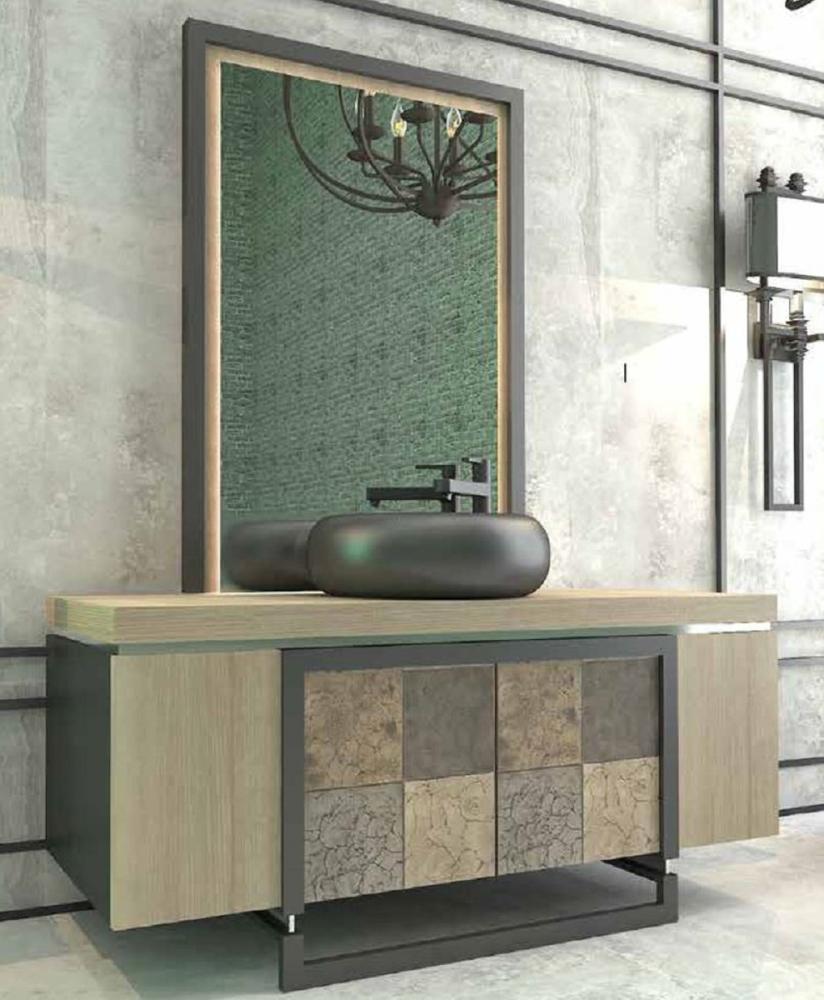 Casa Padrino Luxus Badezimmer Set Naturfarben / Mehrfarbig / Schwarz - 1 Waschtisch mit 4 Türen und 1 Waschbecken und 1 Wandspiegel - Luxus Qualität Bild 1