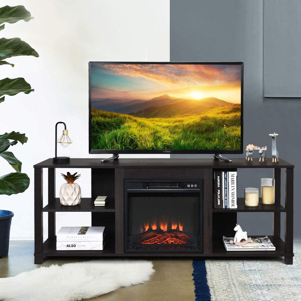 COSTWAY 2-stufiger TV Lowboard für Fernseher bis zu 65" und Elektrokamin bis zu 18" (Nicht inklusive), Fernsehschrank mit verstellbarem Regal, TV-Kommode Holz, schwarz Bild 1