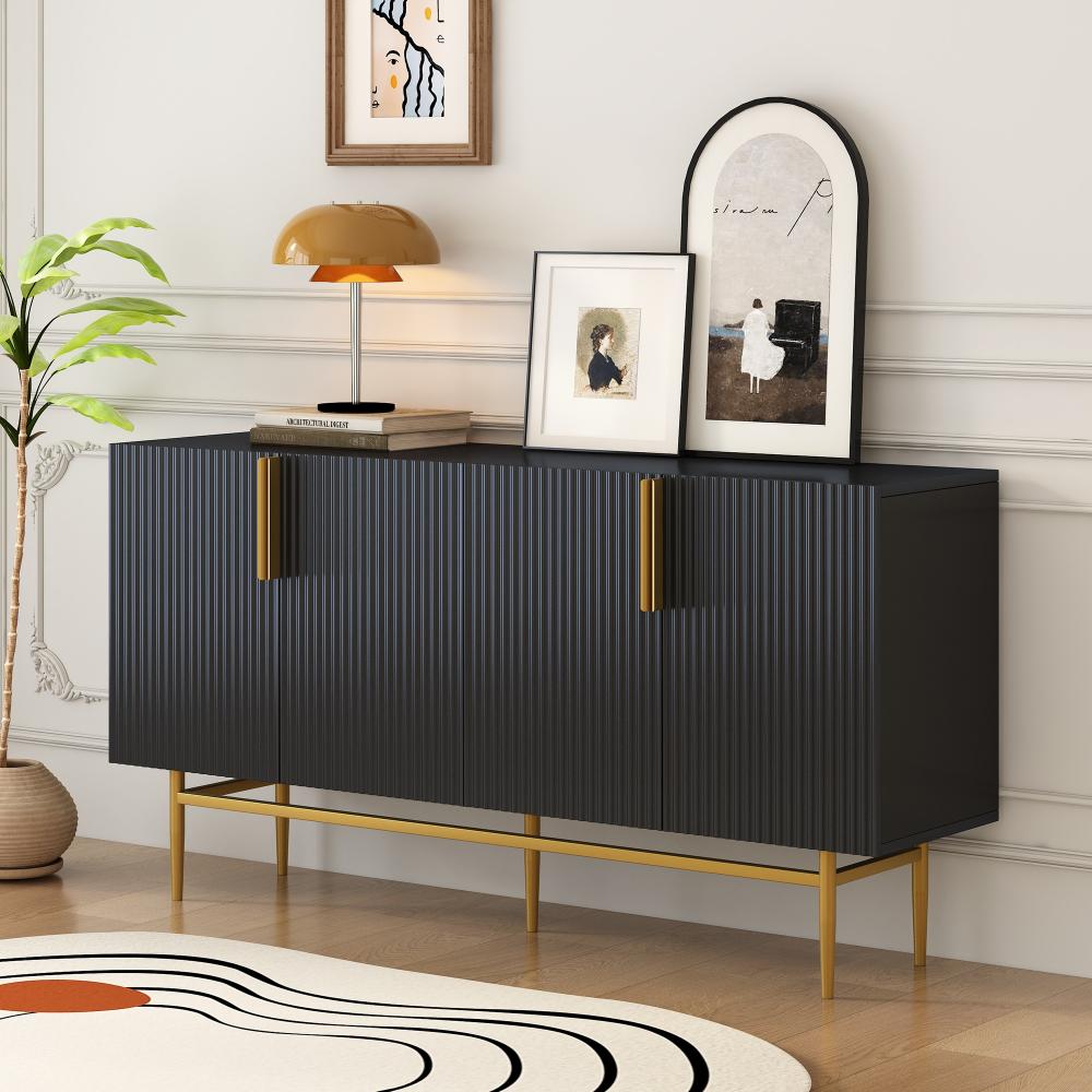 Merax Modernes, elegantes Sideboard mit 4 Türen, goldfarbener Metallgriff, Buffetschrank für Esszimmer, Wohnzimmer, Schlafzimmer, Flur (schwarz) Bild 1