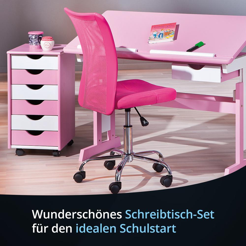KHG Schreibtisch-Set rosa weiß mit Rollcontainer Kiefer Echtholz 6-fach höhenverstellbar mit neigbarer Tischplatte 109 x 96 x 55 cm Bild 1