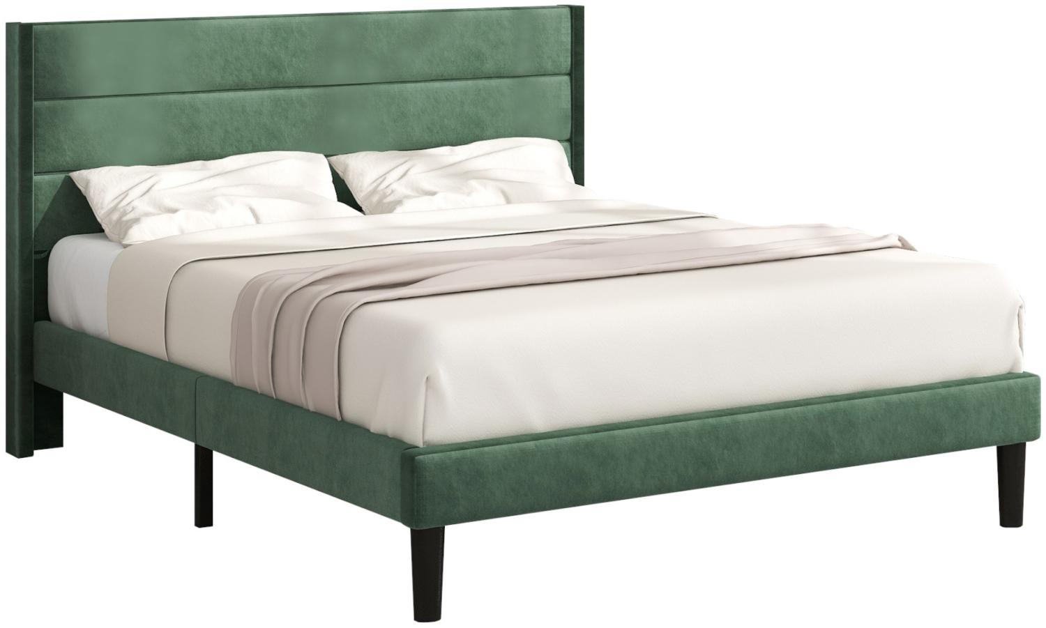 Merax Polsterbett Doppelbett 140x200 aus Samt & Holz & Metall mit Lattenrost & Kopfteil für Schlafzimmer Grün Bild 1
