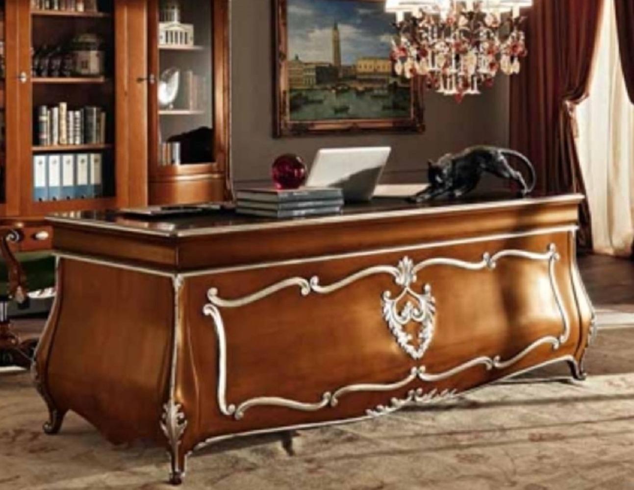 Casa Padrino Luxus Barock Schreibtisch Braun / Silber - Edler Massivholz Bürotisch - Barock Büro Möbel - Luxus Qualität - Made in Italy Bild 1
