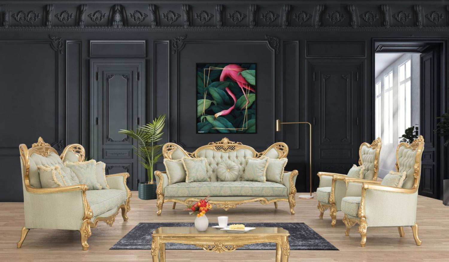 Casa Padrino Luxus Barock Wohnzimmer Set Hellgrün / Gold - 2 Sofas & 2 Sessel & 1 Couchtisch - Handgefertigte Barock Wohnzimmer Möbel - Edel & Prunkvoll Bild 1