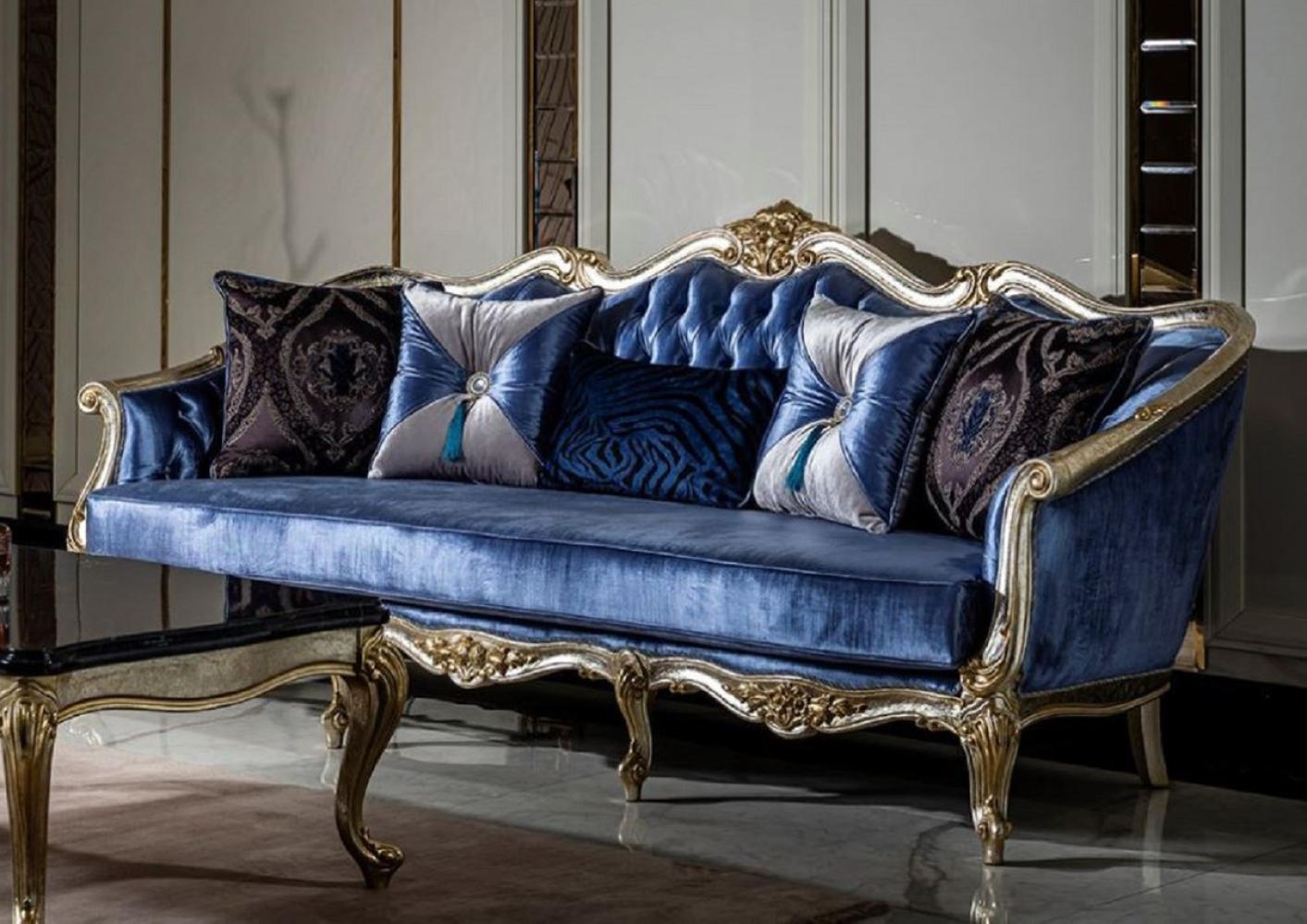 Casa Padrino Luxus Barock Sofa Blau / Silber / Gold - Handgefertigtes Wohnzimmer Sofa mit dekorativen Kissen - Barock Wohnzimmer Möbel Bild 1