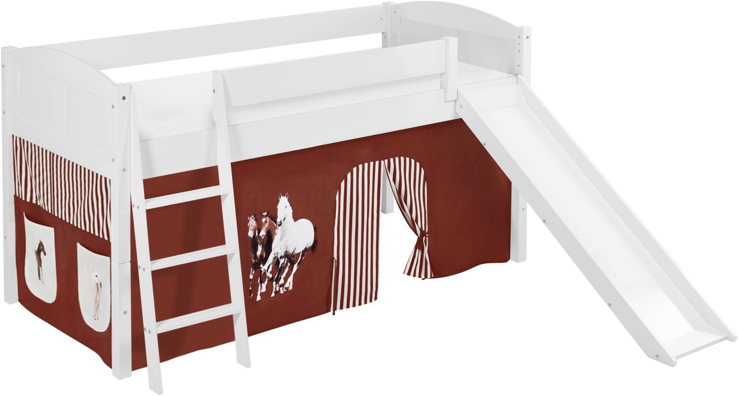 Lilokids 'Ida 4106' Spielbett 90 x 200 cm, Pferde Braun Beige, Kiefer massiv, mit Rutsche und Vorhang Bild 1