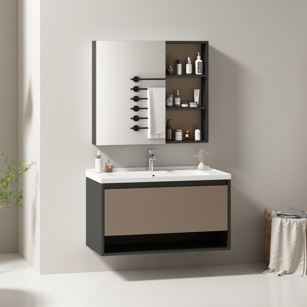 Merax Badezimmer Badmöbel Set :Waschbeckenunterschrank hängend 90cm breit,mit eramikwaschbecken,Spiegelschrank,grau Bild 1