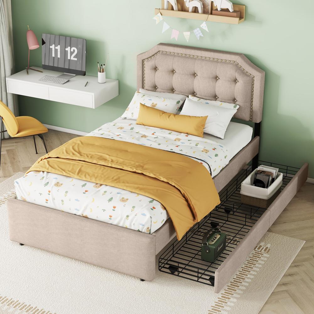 Merax 90*200 cm Polsterbett, gepolstertes Bett, Nachttischpolsterung mit dekorativen Nieten, doppelte Schubladen, Dunkelbeige Bild 1