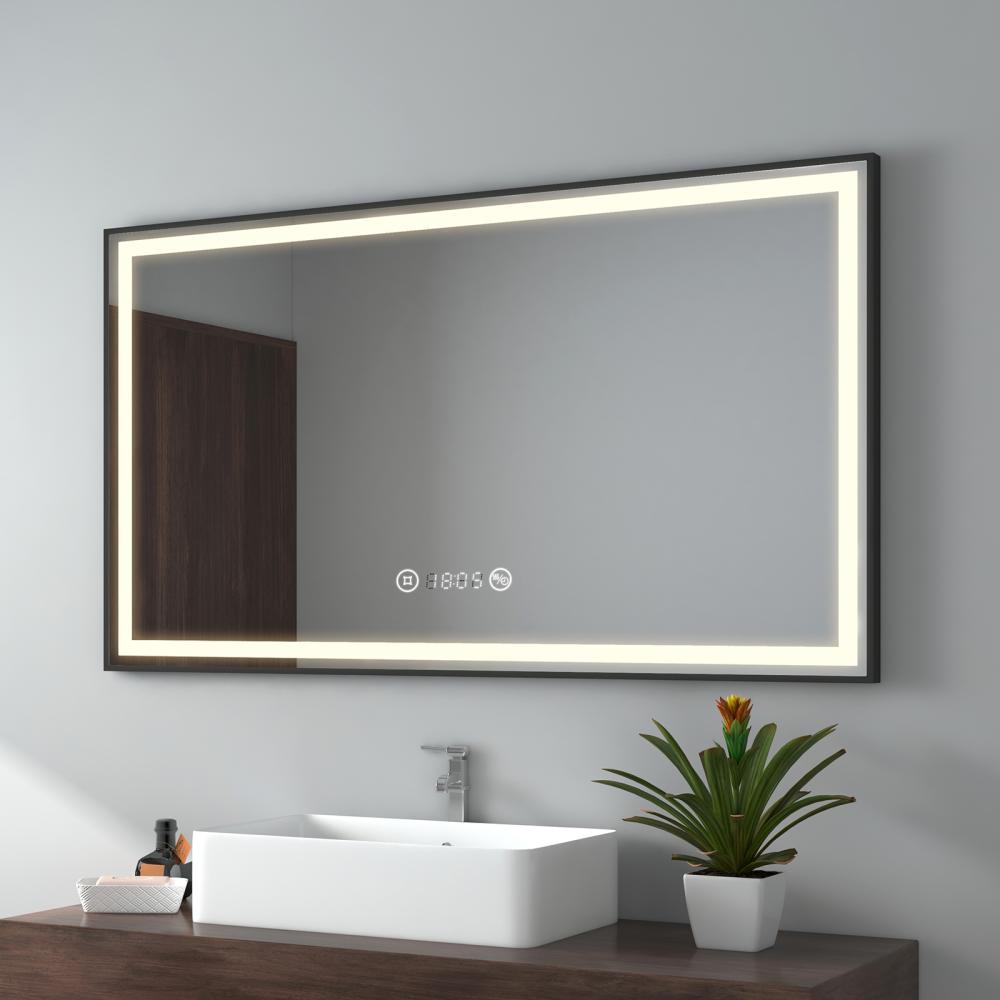 EMKE Badspiegel mit Beleuchtung, Schwarzer Rand LED, mit Touch, Antibeschlage, Uhr, Temperatur, Dimmbar, Memory-Funktion, Neutrale Beleuchtung, IP44, 120x70cm Bild 1