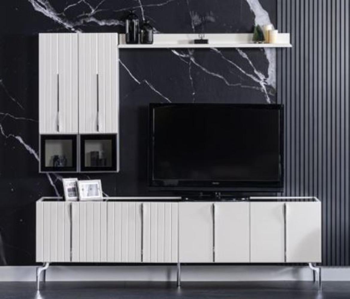 Casa Padrino Luxus Art Deco TV Schrank Weiß / Schwarz / Silber 208 x 44 x H. 64 cm - Edler Wohnzimmer Fernsehschrank mit 4 Türen - Art Deco Möbel Bild 1