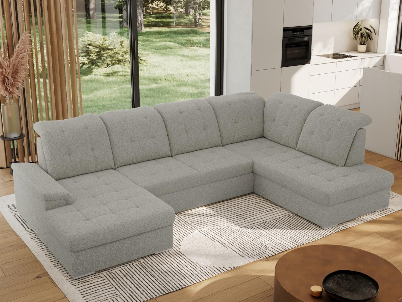 Ecksofa, Wohnzimmer U Couch, Polstersofa mit Bettkasten - MADRITO U - Hellgrau Boucle - Rechts Bild 1