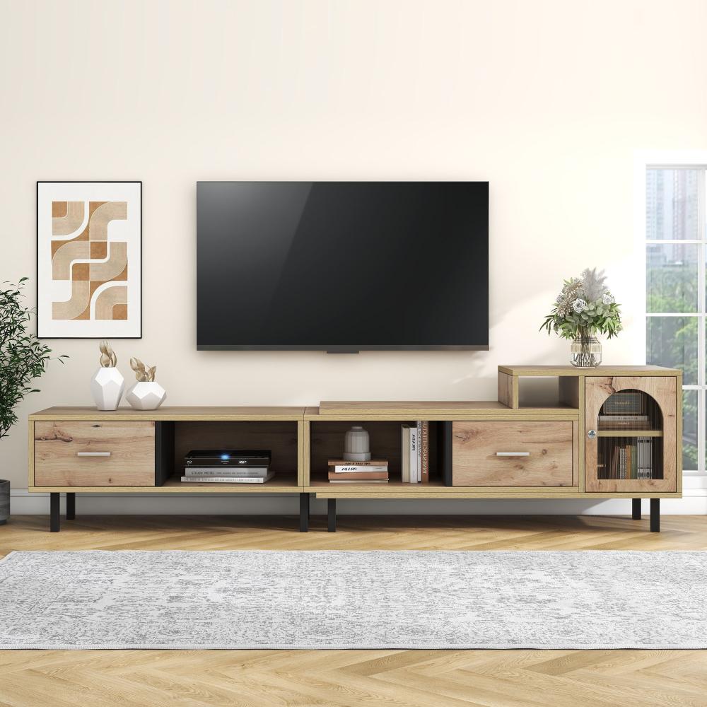 Merax Erweiterbarer TV-Schrank in Holzoptik - 4 Fächer, 2 Schubladen, Glastür, Variabler Längenbereich 200cm-278cm Bild 1