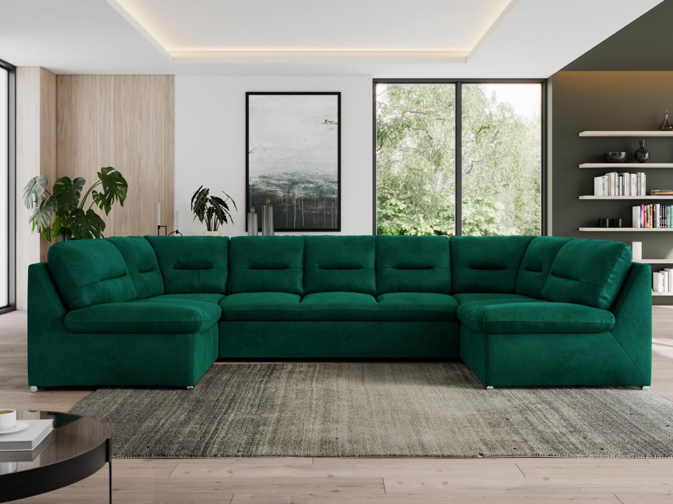 U-förmige Ecksofa, Bigsofa mit schlaffunktion, Wohnlandschaft XXL - MORBIDO U - Dunkelgrün Velours - Topper T25 Bild 1