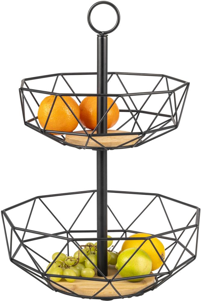 eluno Obstschale 2-stöckige Etagere, Obstkorb aus schwarzem Metall & Bambus Bild 1